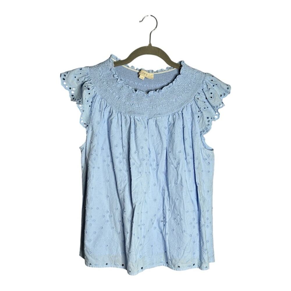 LOFT Blue Sleeveless Eyelet Lined Blouse Elastic Neckline Small